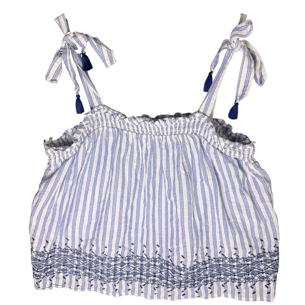 Womens L Striped Crop Top‎ Shoulder Tie Tassel Embroidered Cottage Boho Resort
